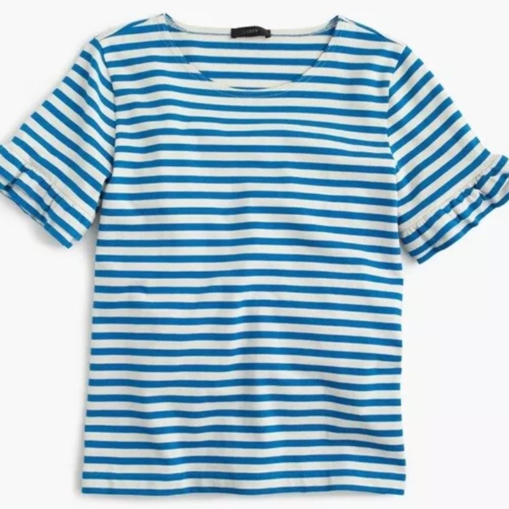 J Crew turquoise ivory stripe short 100% cotton ruffle sleeve tee Sz S EUC